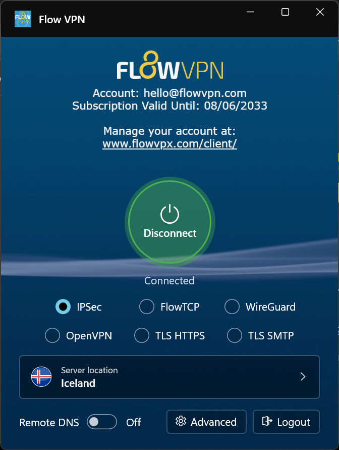 FlowVPN Windows app showing FlowTCP, WireGuard, TLS HTTPS and TLS SMTP protocol choices
